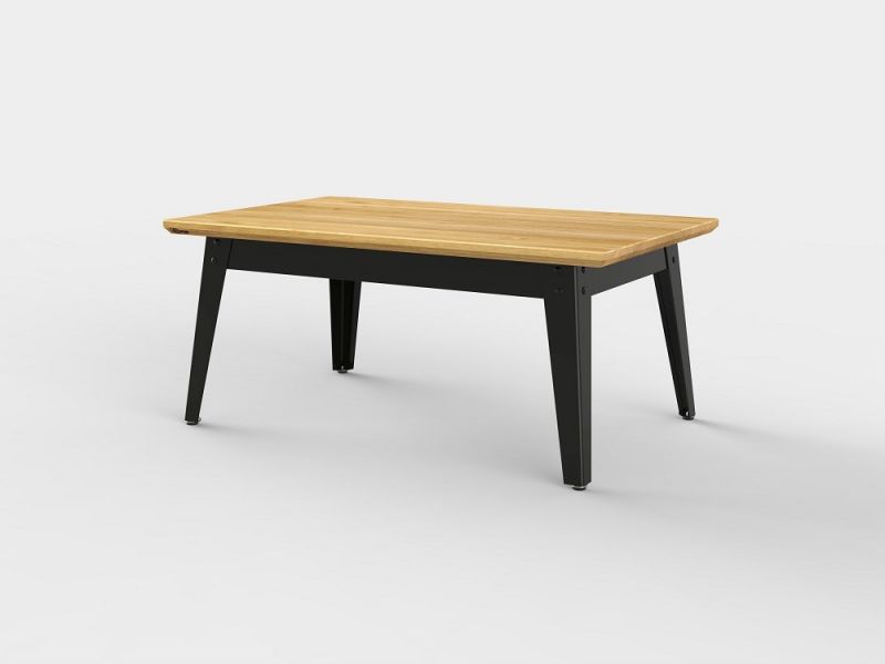 6Grad Couchtisch von Jan Cray mit Eichenplatte und schwarzen Metallbeinen, B 90 x T 55 cm.